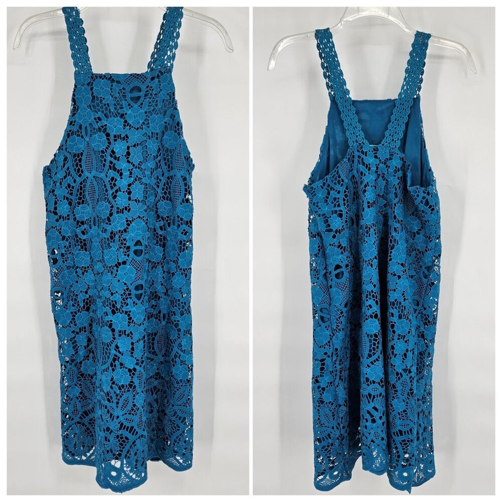 Sugar + Lips Midi Dress Small Blue Floral Lace Overlay Sleeveless Stretch NEW